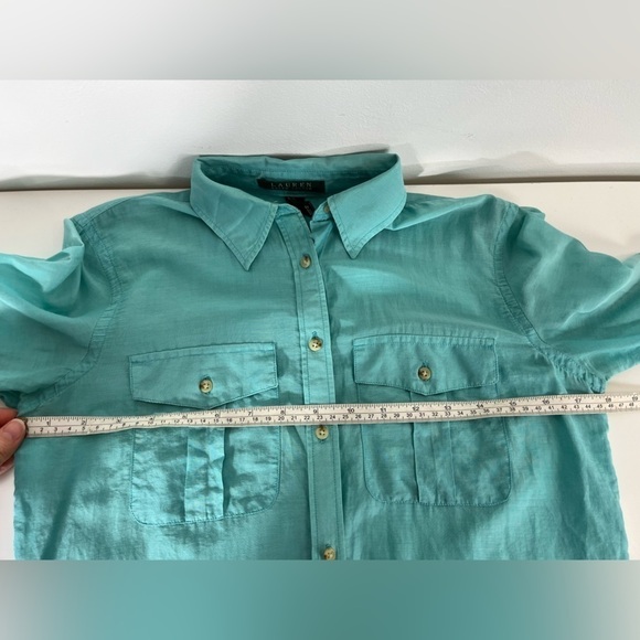 LAUREN Ralph Lauren Cotton Silk Blend Button Up Womens Size XS Blue Shirt Top - Picture 9 of 14
